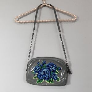 Original By Sharif 1827 Cross Stitch Floral Gray Leather Cross Body Small Purse.